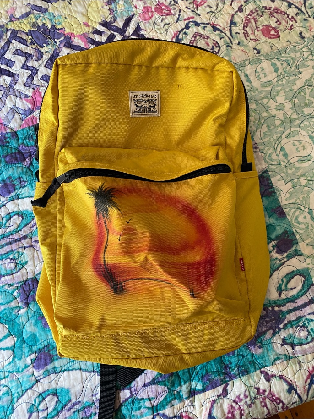 Levi's Yellow Canvas Backpack with Sunset Palm Artwork